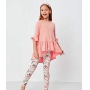 Girls flounce sleeve Hi-lo hem top and floral print legging 11-12
